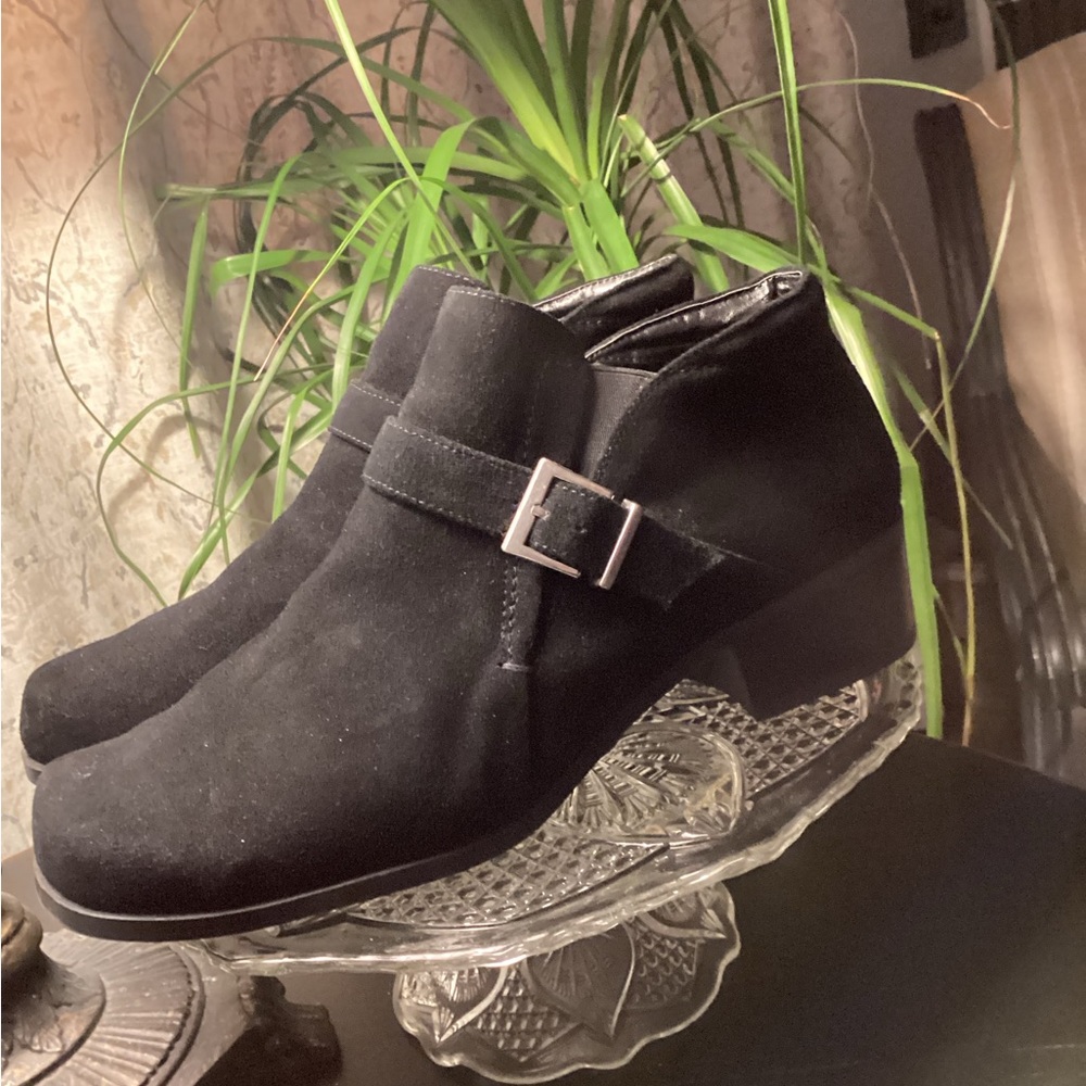 Women's Black Suede Ankle Booties with Decorative Buckle